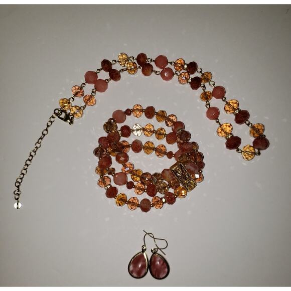 Retro Coral Beaded Jewelry Set – Necklace, Bracelet, Earrings Vintage Fashion - Picture 6 of 9